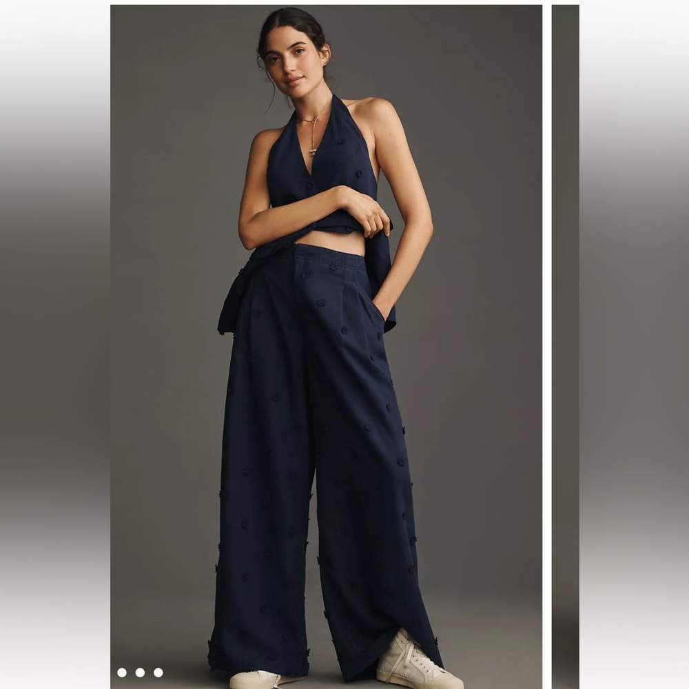 Maeve Navy Tailored Wide-Leg Linen Blend Flower Embellished Trousers- Navy